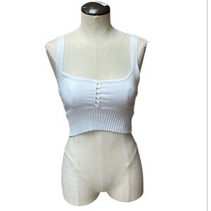 Blush Boutique White Knit Wide Strap Crop Top With Button Front Accents